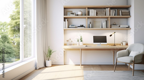 A serene study nook with a comfortable white swivel chr and a minimalist desk, bathed in natural light from a nearby window, offering an ideal space for focused work or study