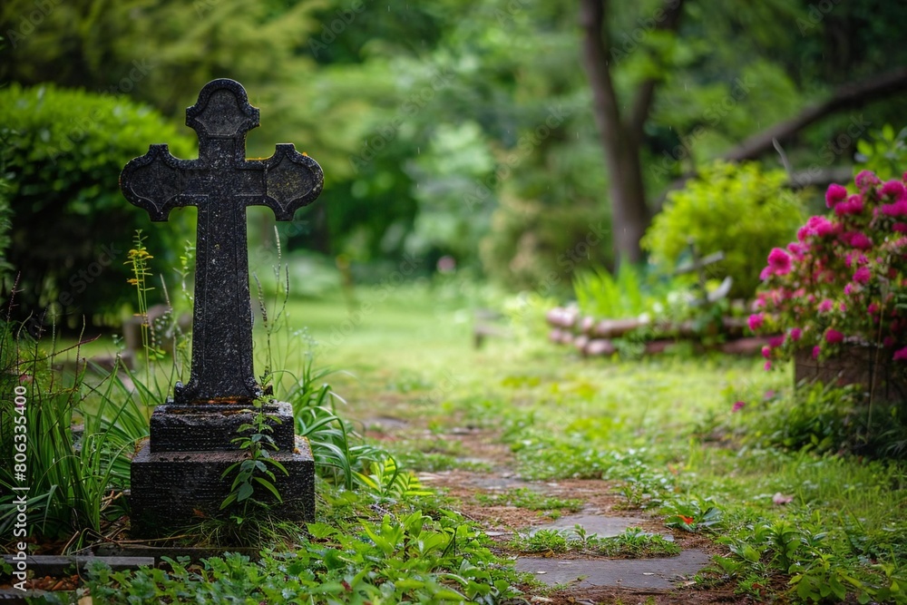 Blessed Peace: Catholic Cemetery with Cross Grave Marker in Tranquil Setting Blessed Peace: Catholic Cemetery with Cross Grave Marker in Tranquil Setting