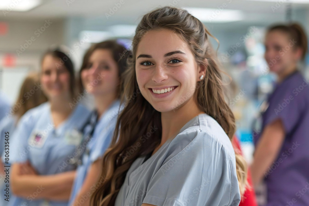 Confident Young Nursing Student Poses with Team in Hospital Setting Confident Young Nursing Student Poses with Team in Hospital Setting