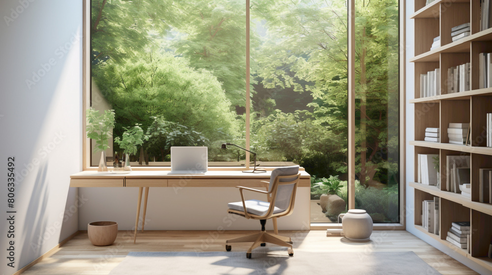 A serene study space with a minimalist white desk chr and a sleek writing table, bathed in natural light from a nearby window, providing an inspiring environment for creative work A serene study space with a minimalist white desk chr and a sleek writing table, bathed in natural light from a nearby window, providing an inspiring environment for creative work