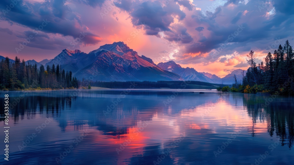 Serene view of a vibrant sunset casting colors over a mountain range and its reflection in a calm lake