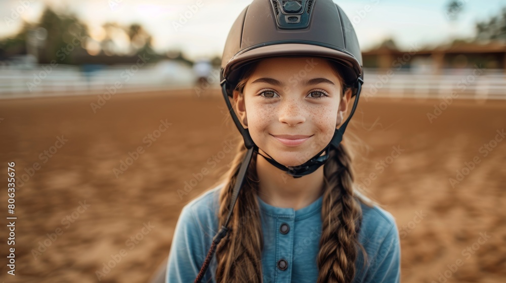 Cheerful young equestrian student wearing riding helmet riding horse, smiling at camera in lesson Cheerful young equestrian student wearing riding helmet riding horse, smiling at camera in lesson