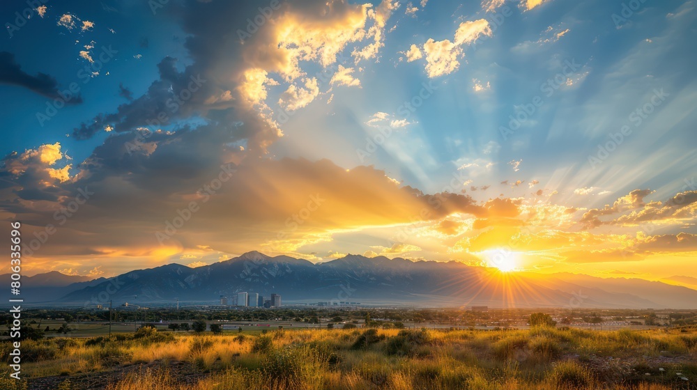 Fototapeta premium Majestic golden hour sunlight streams through clouds illuminating a landscape below