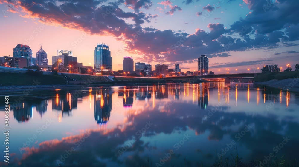 A vibrant skyline with its reflection beneath a dramatic sunset sky, showing urban beauty and architectural progress A vibrant skyline with its reflection beneath a dramatic sunset sky, showing urban beauty and architectural progress