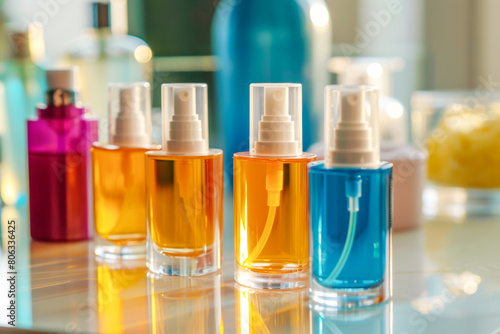 Colorful Cosmetic Spray Bottles on Vanity