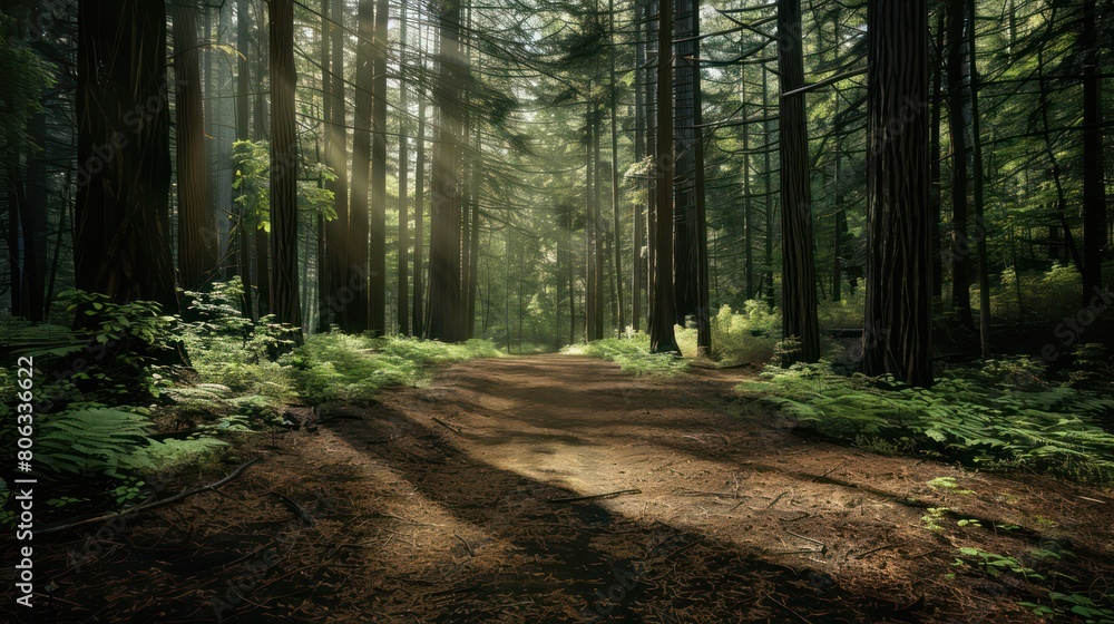 Fototapeta premium Sunbeams break through towering redwoods, casting light on the soft forest floor, evoking a sense of peace in the natural world