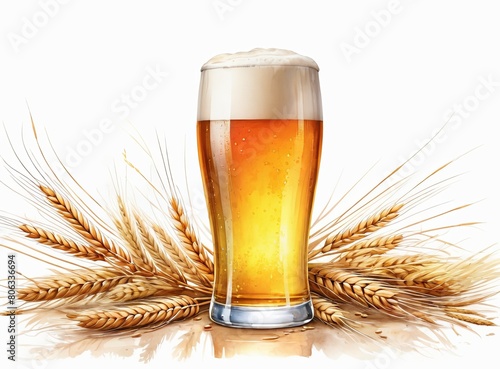 Drawing of a full beer glass and ears of wheat on a white background