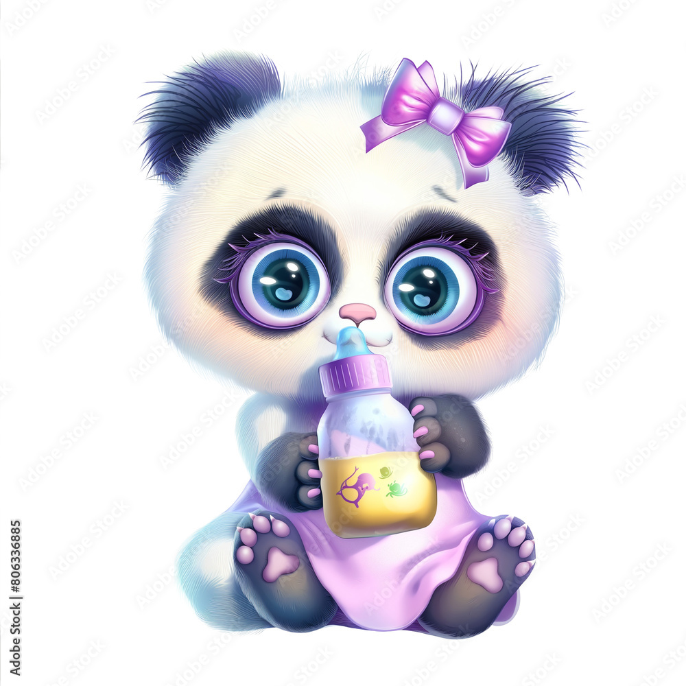 Fototapeta premium Baby Panda Holding Baby Bottle, Baby Shower, Nursery Decor, Generative AI