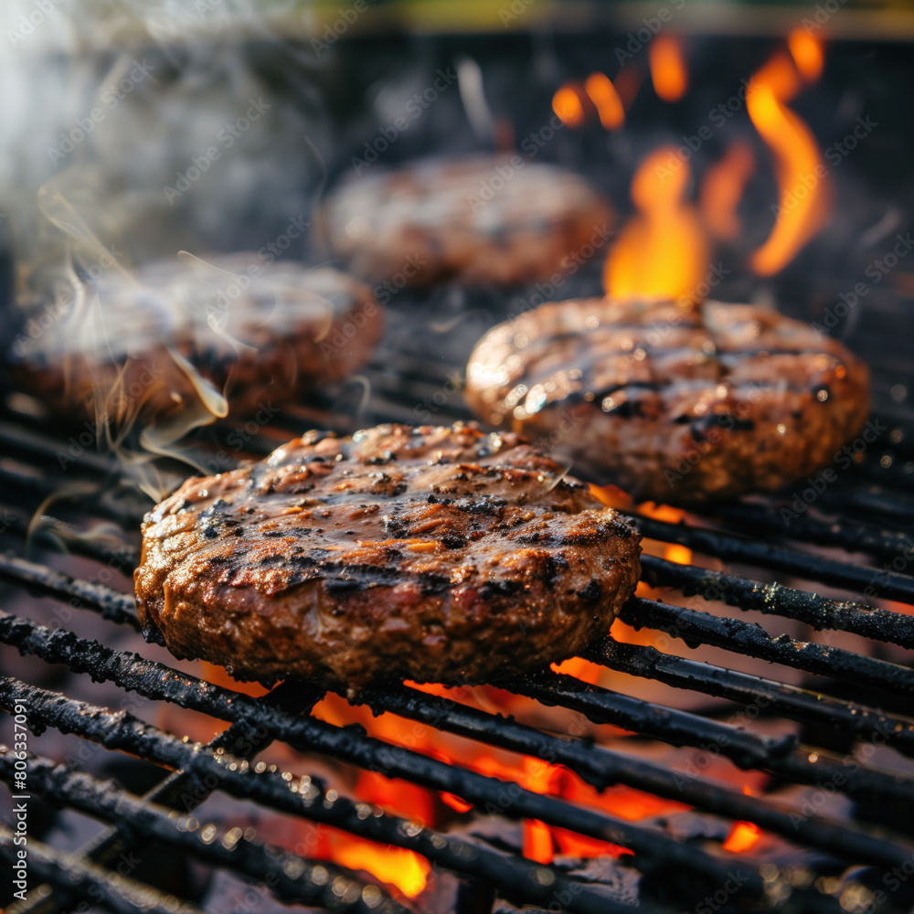multiple burger meat patties on a grill with smoke and fire effects multiple burger meat patties on a grill with smoke and fire effects