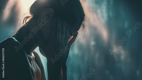 Silhouette of a somber woman holding her head in a dark, moody setting, highlighting themes of sorrow and contemplation photo