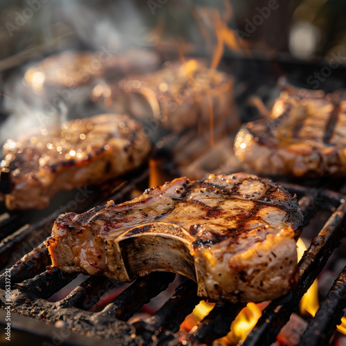 multiple steaks with bone on a grill with smoke and fire effects