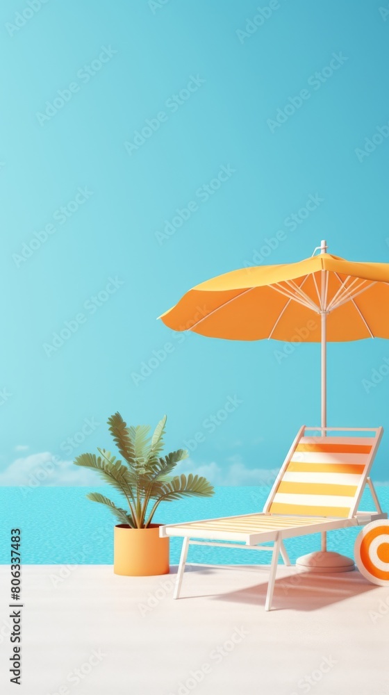 Summer background of A beach chair and umbrella set up on a sandy beach by the ocean on a sunny day