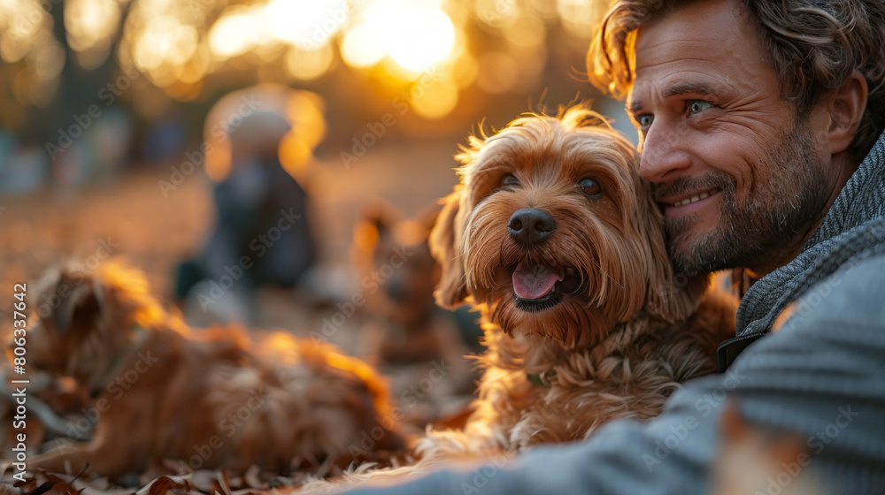 Handsome man with yorkshire terrier dog in autumn park Handsome man with yorkshire terrier dog in autumn park