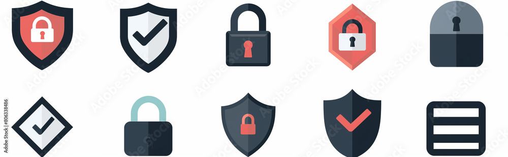 A set of security icons, such as padlock and shield with check mark ...