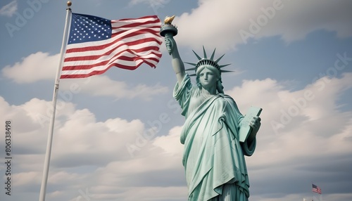 American independence day background with realistic America flag along statue of liberty manifests the independence day