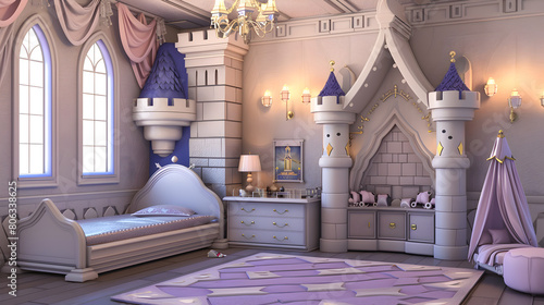 A magical children's bedroom inspired by a princess theme, featuring castle elements, elegant furniture, and soft purple tones.