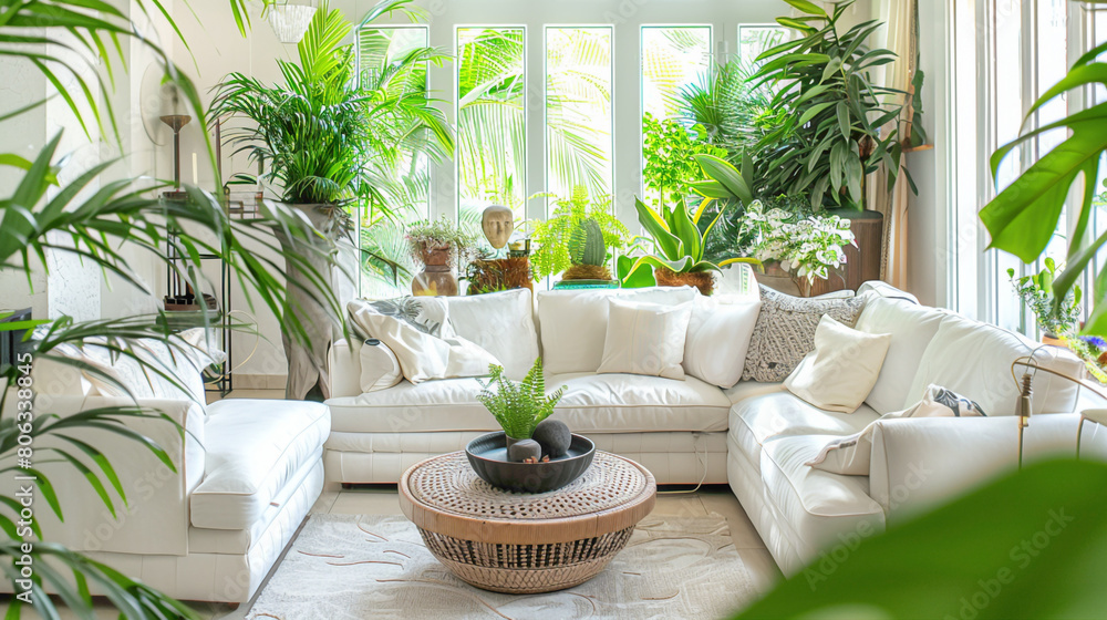 A sunlit, spacious living room with plush white sofas, adorned with vibrant green plants, creating a serene oasis