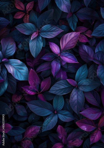 Purple and blue leaves on dark ground  like a painting