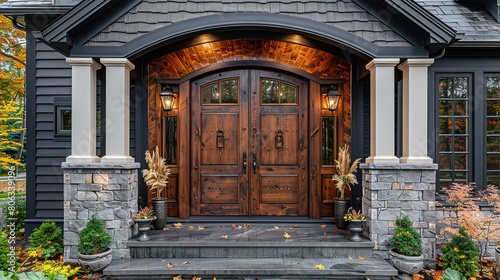 Main entrance door in the house. Wooden front door with gabled porch and landing. The exterior of Georgian style home cottage with white columns and stone cladding.