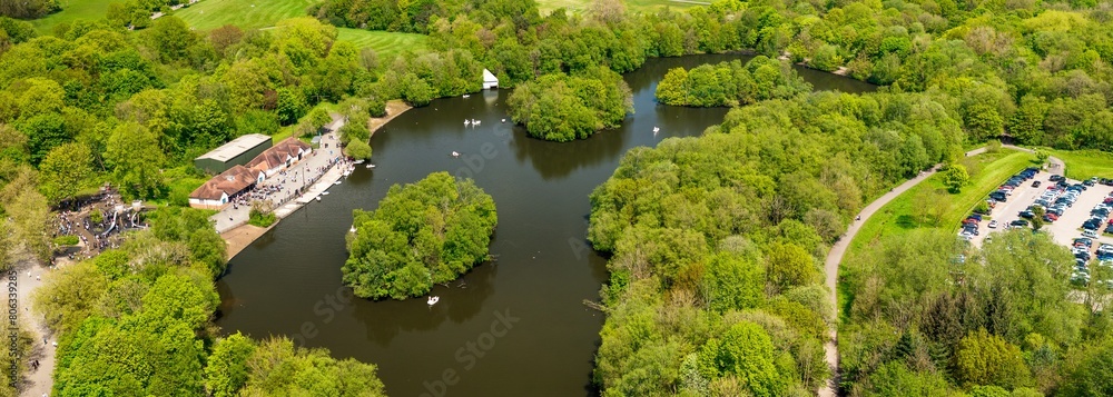 Panoramic aerial image of Heaton Park in Manchester showing boating lake and pedal boats Panoramic aerial image of Heaton Park in Manchester showing boating lake and pedal boats