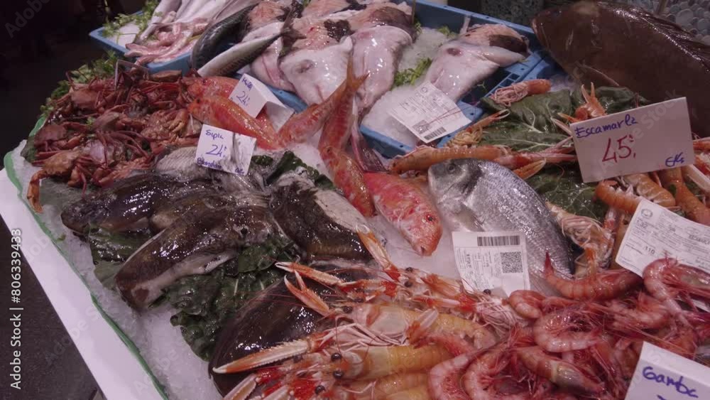 Pan across seafood at the Barcelona fish market in Spain Pan across seafood at the Barcelona fish market in Spain