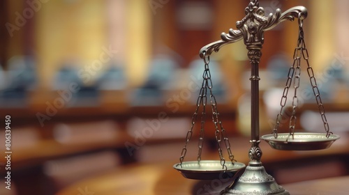 Silver balance scales poised elegantly on a polished wooden surface against a bokeh light courtroom background
