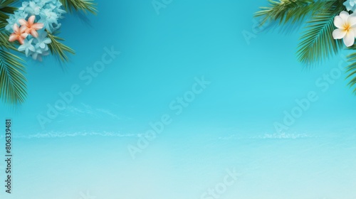 Summer background of Palm leaves and colorful flowers on a bright blue background