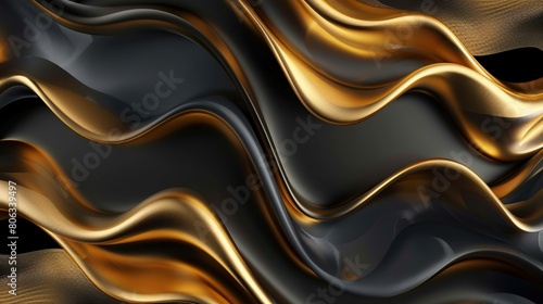 Abstract background with golden and black waves resembling satin cloth. Black gold marble flow background.