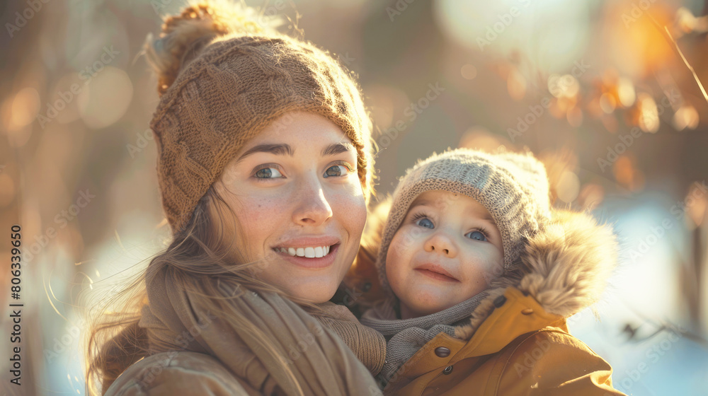 Obraz premium Portrait of happy mother and daughter in warm clothes in autumn park