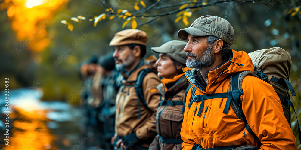 Ecotourism and conservation.A group of people are walking through a forest Ecotourism and conservation.A group of people are walking through a forest