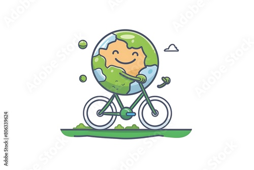 cute planet earth on bicycle, cartoon picture for kids, concept of health and ecological transport, world bicycle day