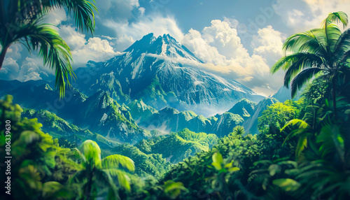 a volcano rising majestically above a dense tropical forest photo