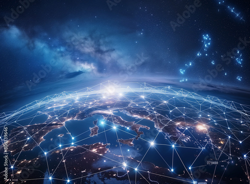 Digital map of Europe with global network connections, blue color theme, stars in the sky, night view from space perspective, glowing lines connecting cities on earth at dark starry background, teleco