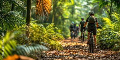 Group Bike Ride Through Lush Forest Trails. Ecotourism and conservation