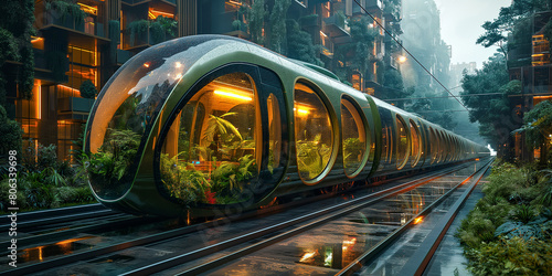 Futuristic Green Public Transit System. Innovative Urban Transport. Sustainable development of the city of the future