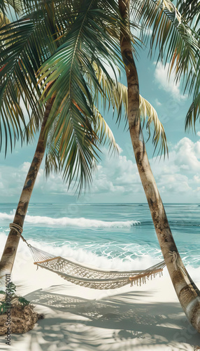 a hammock strung between two palm trees  gently rocking in the ocean breeze