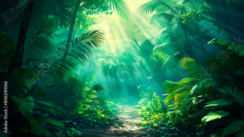 a hike through a tropical rainforest  with sunlight filtering through the canopy above