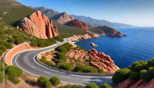 amazing Corsica island nature landscape. Scenic road near Porto Ota with famous red rocks, western part photo