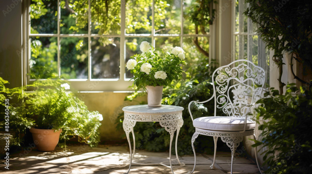 A tranquil corner of a garden room furnished with a vintage white wrought iron chr and a small mosc table, surrounded by lush foliage and dappled sunlight, offering a peaceful spot for contemplation