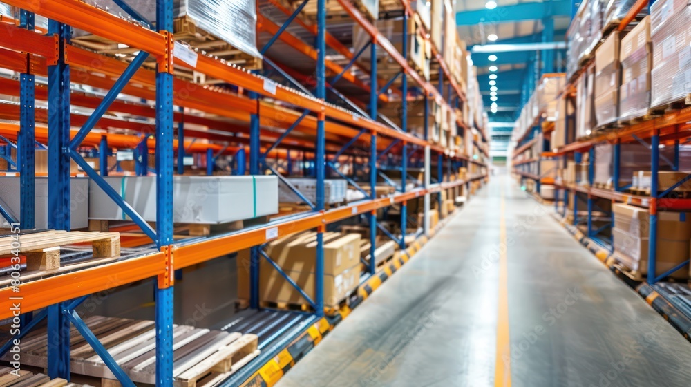 A wide-angle shot of a spacious and well-organized warehouse aisle with pallets on shelving units A wide-angle shot of a spacious and well-organized warehouse aisle with pallets on shelving units
