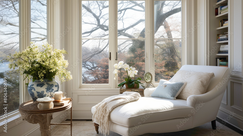 Obraz premium A tranquil reading nook featuring a plush white chse lounge and a small marble-topped table, nestled by a bay window overlooking a garden, offering a peaceful retreat for literary escapades