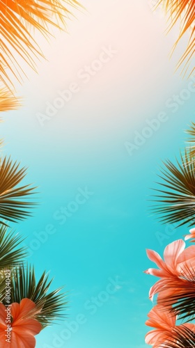 Summer background of A blue sky filled with a cluster of palm trees