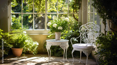 A tranquil corner of a garden room furnished with a vintage white wrought iron chr and a small mosc table, surrounded by lush foliage and dappled sunlight, offering a peaceful spot for contemplation photo