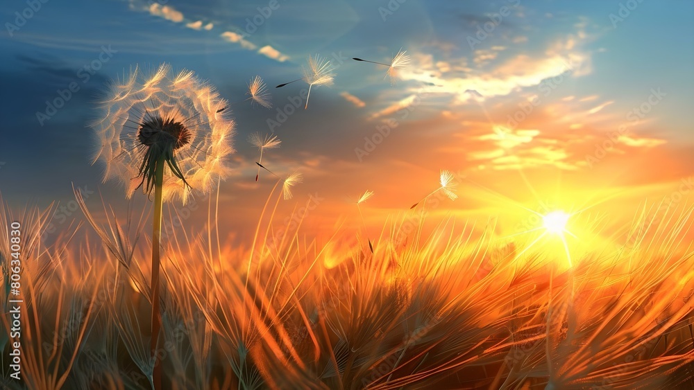 Dandelion in a Field at Sunset: Art Created by a Neural Network. Concept Art, Neural Network, Dandelion, Sunset, Field