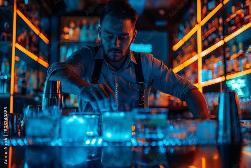 A bartender making cocktails at the bar in a night club, with blue neon lights in the background. A handsome barmen shaking a shaker and pouring a cold drink
