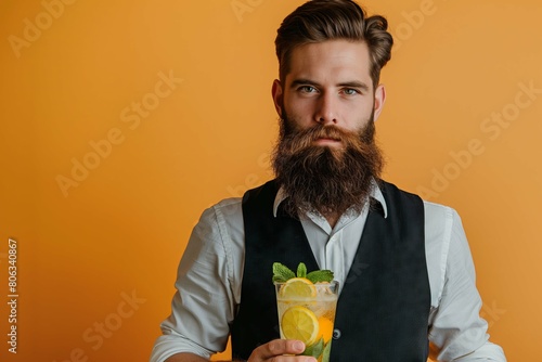 Bearded bartender in vest holding aperol sprits cocktail on white background, looking at camera photo