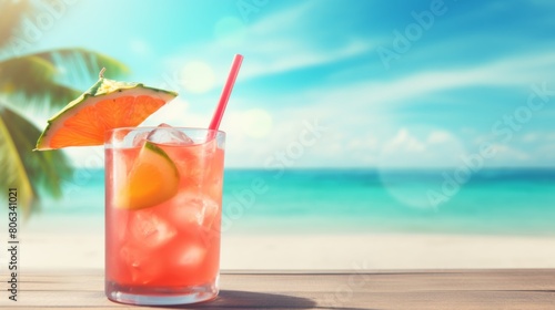 Summer background of A glass filled with a drink and an umbrella on a wooden table