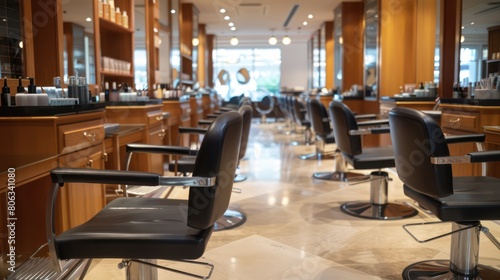 A modern and sophisticated hair salon interior showcasing comfortable styling chairs and wooden shelf space