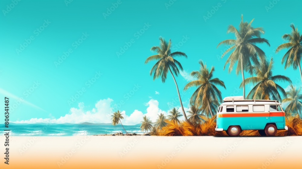 Summer background of A van parked near palm trees on a sunny beach