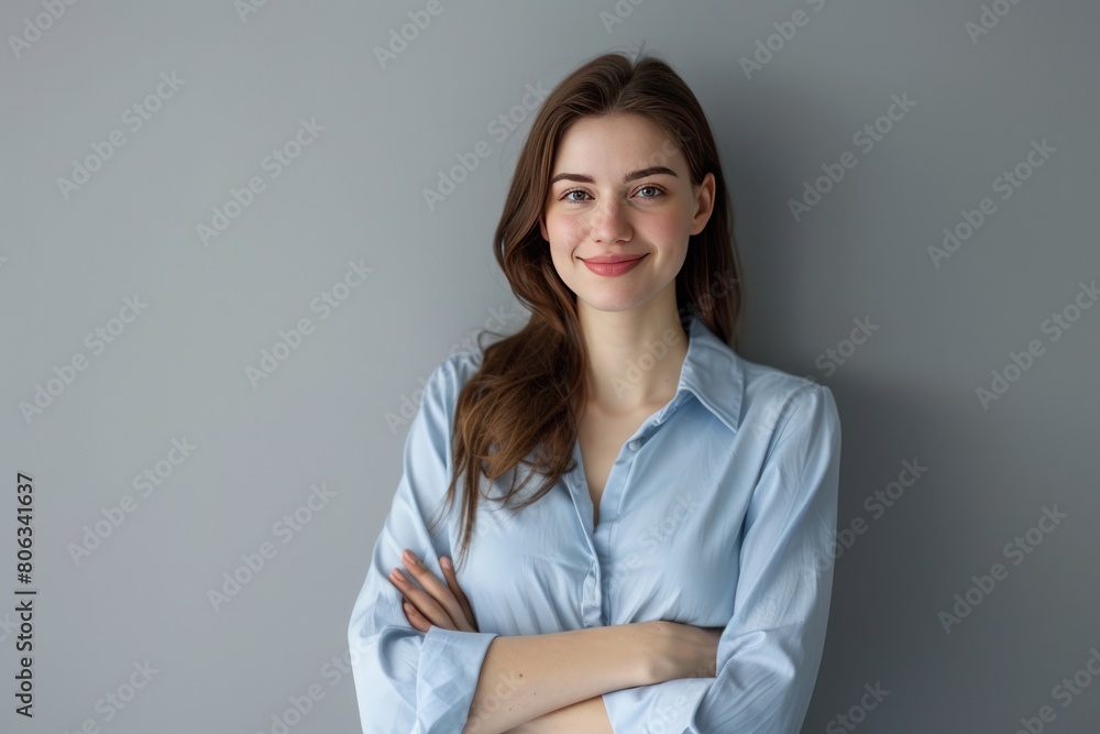 Photo of a smiling businesswoman standing with arms crossed. Generate AI image Photo of a smiling businesswoman standing with arms crossed. Generate AI image